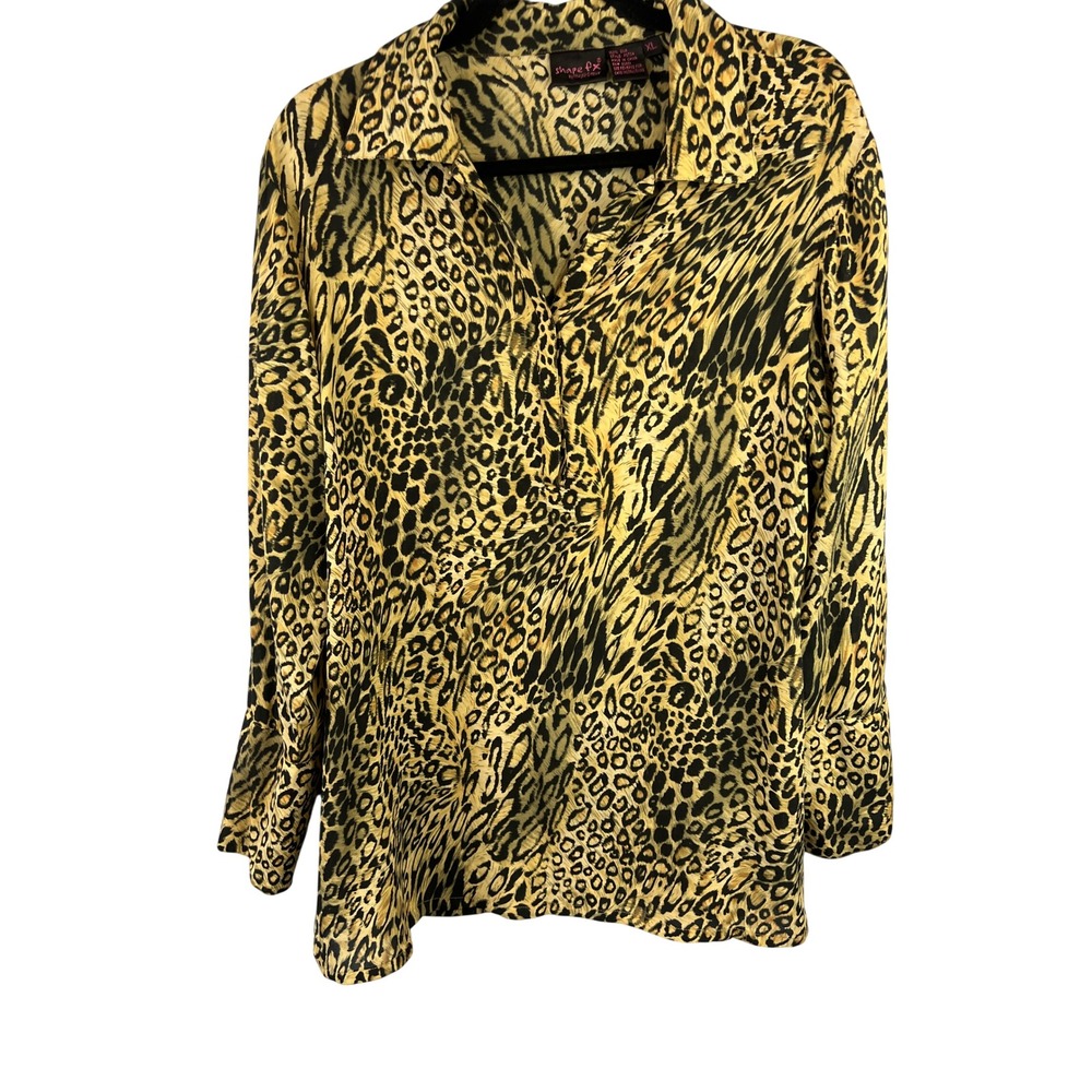 Vintage Y2K Shape FX by Newport News Silk Cheetah Print Long Sleeve Blouse SzXL
